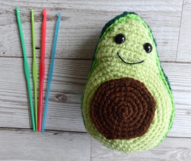 crochet avocado with smiley face