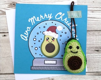 Avocado Snowglobe Christmas Card - Crochet Avocado - Amigurumi Avocado - Vegan Christmas Card - Christmas Tree Decoration - secret Santa