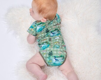 Green plaid fishing baby bodysuit, fisherman baby shower gift, ofishally one birthday outfit boy, infant boy coming home outfit, for boys