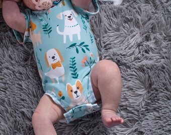 cute dog baby bodysuit for boys, puppy baby shower gifts, baby blue baby romper for girls, infant boy coming home outfit, gender neutral