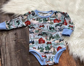 Christmas on the farm Christmas baby bodysuit, newborn Christmas outfit boy, baby boy first Christmas gifts for infants, Christmas baby