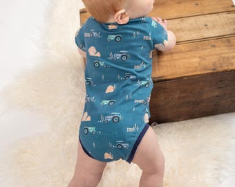 blue tractor boy clothes for newborn, farm baby bodysuit, infant boy coming home outfit, barnyard baby shower gifts for boys, farmer baby