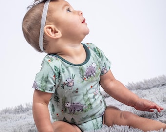 sage green opossum baby bodysuit cute baby clothes for boys, possum baby gift for girls, woodland baby shower gifts, gender neutral coming