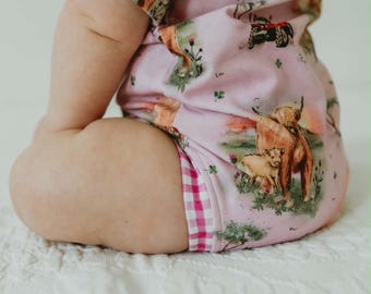 highland cow baby girl clothes, cute cow gifts for baby, infant girl coming home outfit, farm baby shower gifts, pink cow baby romper, holy