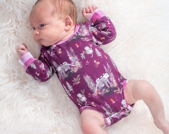 Plum purple opossum baby bodysuit cute baby clothes for girls, possum baby gift for girls, woodland baby shower gifts, gender neutral coming