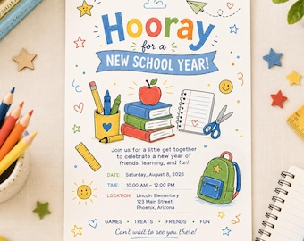 Editable Back to School Party Invitation Template, Party, Elementary School, Preschool, Kindergarten, Back to School Flyer, Instant Download