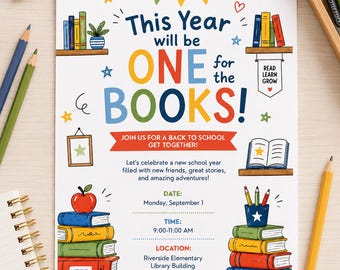 Editable Back to School Event Invitation Template, For the Books,School Open House Invite, Meet the Teacher, To School Flyer, Canva Template