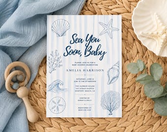 Sea You Soon Baby Shower Invitation, Coastal Baby Shower Invite, Editable Canva Template, Beach Baby Shower, Gender Neutral, Coed shower