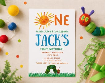 Very Hungry Caterpillar Birthday Invitation, First Birthday Invite, ONE Birthday Party, Digital Download, Boy Girl Invite, Canva template