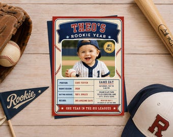 Rookie of the Year, First Birthday Invitation, Baseball Card Birthday Invite, Editable Canva Template, 1st Birthday Sports Party, Digital