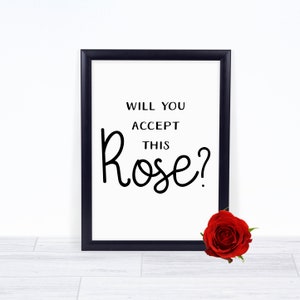 May include: A black framed print with the text "Will you accept this rose?" in white. A single red rose is in the foreground.