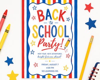 Editable Back to School Party Invitation Template, Preppy Cabana Stripe Invitation, Canva Template, New Adventures, Invite, To School Flyer