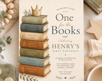 One for the Books First Birthday Invitation, Editable Storybook Party Invite, Editable Digital Download Template, Chapter 1, Baby Boy, Canva