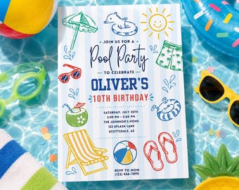 Pool Party Invitation Template, Boy Birthday, Tween Pool Party Invite, Preppy, Doodles, Summer Birthday, Editable Canva, Swim Party