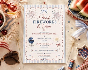 Bearbeitbar 4. Juli Grilleinladungsvorlage, Coastal Americana Party einladen, Coquette, Canva-Vorlage, Familien-Garten-Grillparty einladen