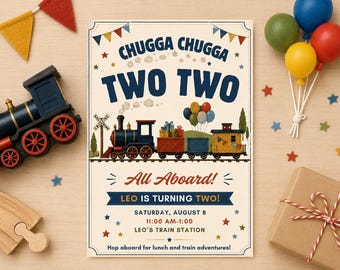 Chugga Chugga Two Two Invitation, Train Birthday Invitation, 2nd Birthday Invite, Vintage Train Party, Editable Canva Invite, Classic Train
