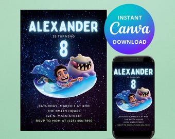 Elio Geburtstagseinladung Vorlage, Anpassbare Geburtstagseinladung, Digitale Einladung, Bearbeiten mit Canva, Cartoon Geburtstag, Pixar Film