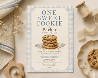 One Sweet Cookie Invitation, First Birthday Invitation Template, Editable Canva Invite, Gingham, Cookie Party, Gender Neutral, Bakery, Sweet