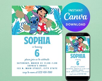 Lilo and Stitch Geburtstagseinladung Vorlage, Anpassbare Geburtstagseinladung, Digitale Einladung, Bearbeiten mit Canva, Cartoon Geburtstag