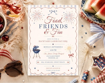 Editable Labor Day BBQ Invitation Template, Coastal Americana Party Invite, Coquette, Canva Template, Family Backyard Cookout Invite