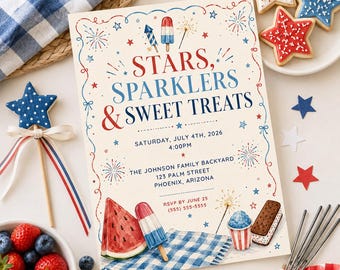 Editable Labor Day BBQ Invitation Template, Stars, sparklers & sweet treats, Canva Template, Family Backyard Cookout Invite