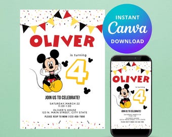 Mickey Mouse Geburtstagseinladungsvorlage, bearbeitbare Geburtstagsfeier einladen, digitaler Download, Smartphone-Party einladen, Disney, Mickey Mouse