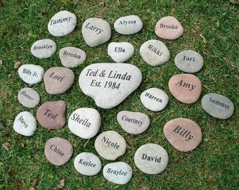 Family tree written in stone- custom carved river rock garden decoration