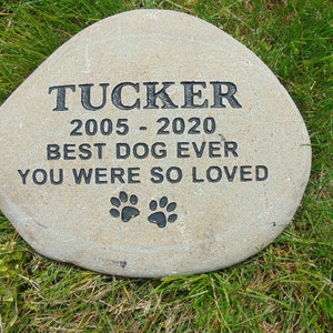 May include: A light brown stone engraved with "TUCKER 2005-2020 BEST DOG EVER YOU WERE SO LOVED" and two paw prints.