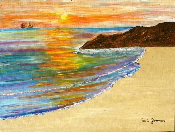 Quadro Dipinto Ad Olio Mare Oceano Orizzonte Tramonto Etsy