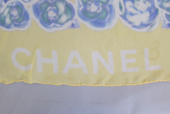 Chanel Sheer Yellow Scarf with BlueFloral Print Fr
