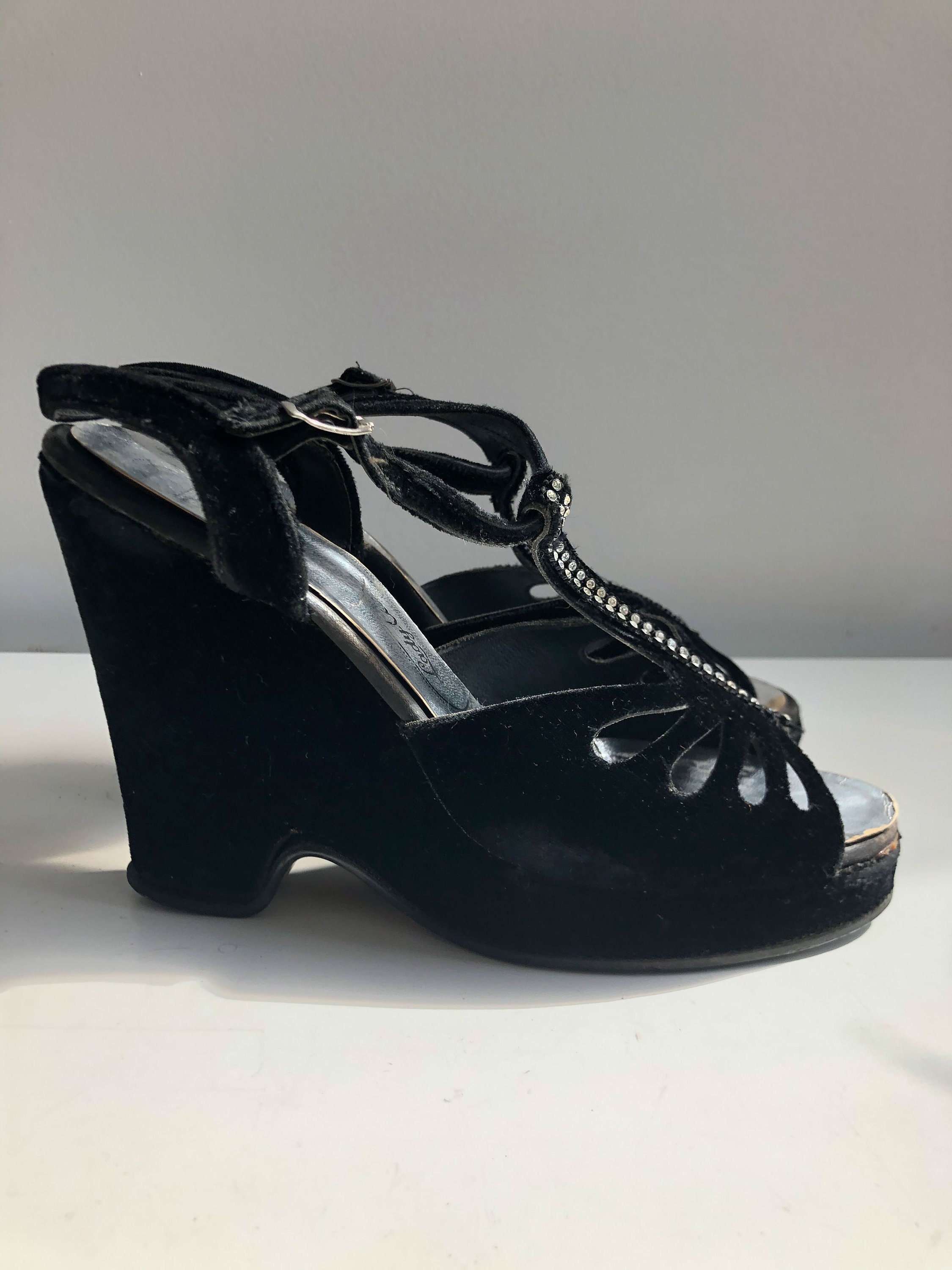 Vintage 40s Womens Shoes Black Velvet Platform Wedges with | Etsy