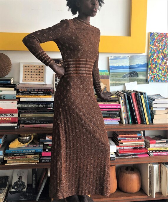 Vintage 1970s Jersey Maxi Dress | Brown Copper Gol