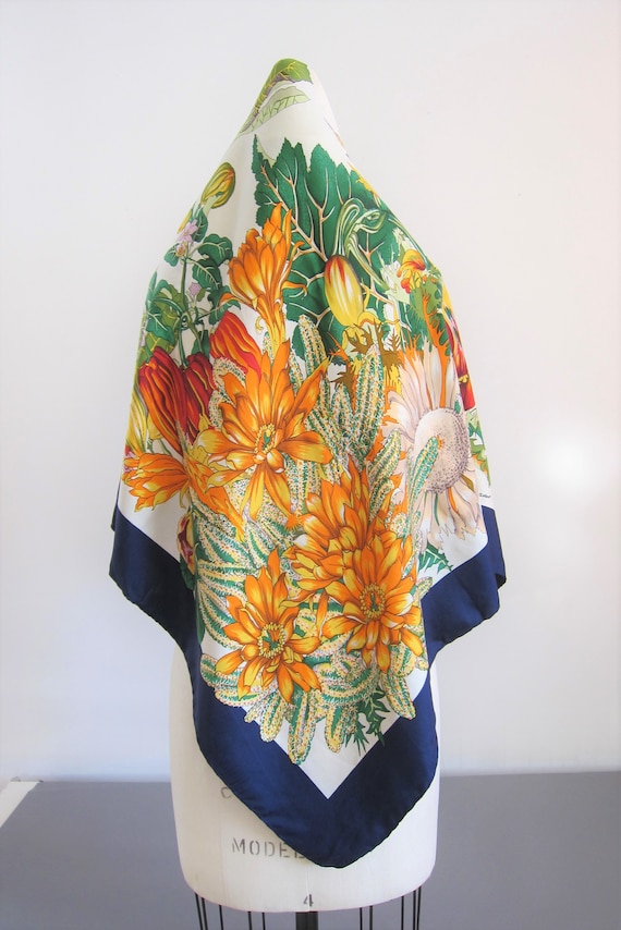 Ferragamo Silk Scarf Vintage 80s with Colorful Flo