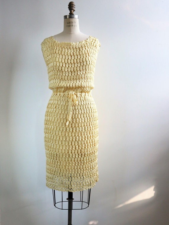 1960s Crochet Dress | 60s Crochet Raffia Dress |