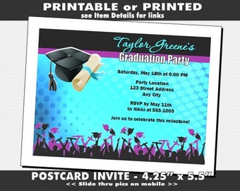 Electric Teal Cap & Diploma Graduation Party Invitation, Printable with Printed Option, Dinner for Graduate