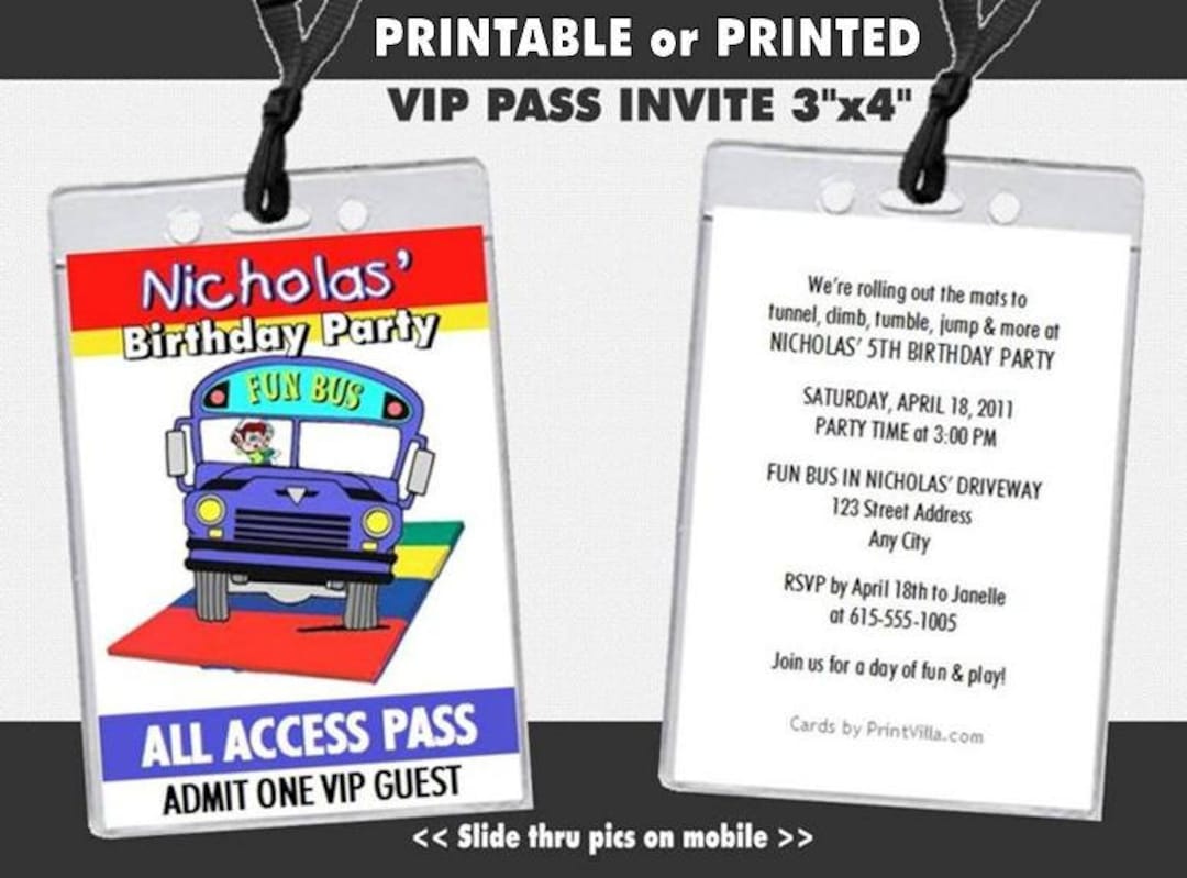 Manibus Invitation Code Fun Bus VIP Pass Invitations, Printable, Kids Birthday Party, Tumbling ...