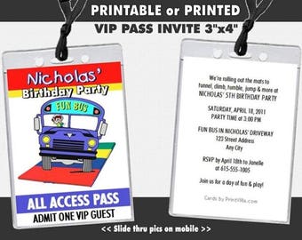 Fun Bus VIP Pass Invitations, Printable, Kids Birthday Party, Tumbling, Jumping