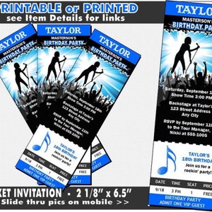 Concert Singer Male Ticket Invitation, Printable with Printed Option, Boy Birthday Party, Music Theme, Admit One