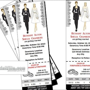 Lesbian Wedding Ticket Invitations, Set of 12, Butch-Femme Couple Lesbian Wedding, Same-Sex Wedding, Black Gray and White image 1