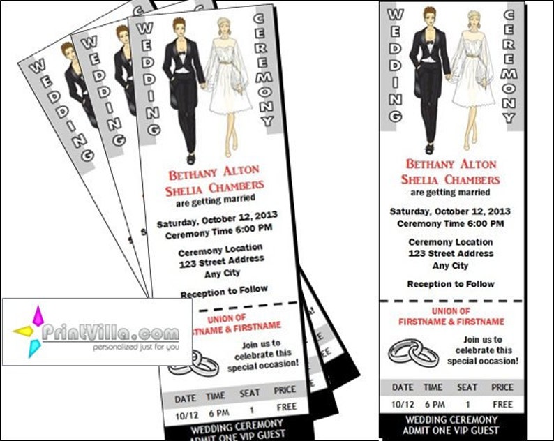 Lesbian Wedding Ticket Invitations, Set of 12, Butch-Femme Couple Lesbian Wedding, Same-Sex Wedding, Black Gray and White image 1