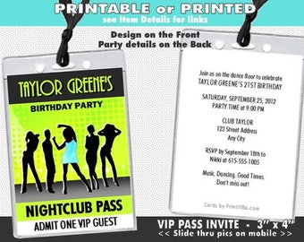 Nightclub VIP Pass Invitations, Printable, Nightclub Theme, DJ Dance Invites, 21st Birthday Party, Lime Green