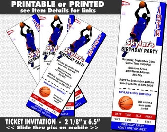 Basketball Blue Red Ticket Invitation, Printable with Printed Option, Boy Birthday, Sports Theme Party