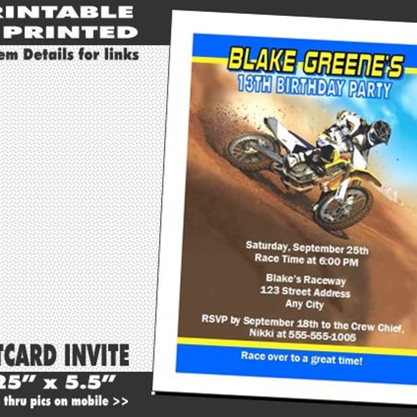 Dirtbike Race Blue Party Birthday Invitation, Printable with Printed Option, Boy Birthday Party, Dirt bike Theme, Motorcycle Invites