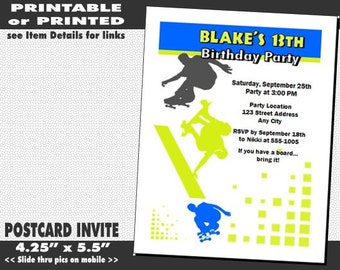 Skateboarder Party Invitations Birthday, Printable with Printed Option, Skateboarding Party Invites, Boy Skateboarder Theme, Sk8 Party