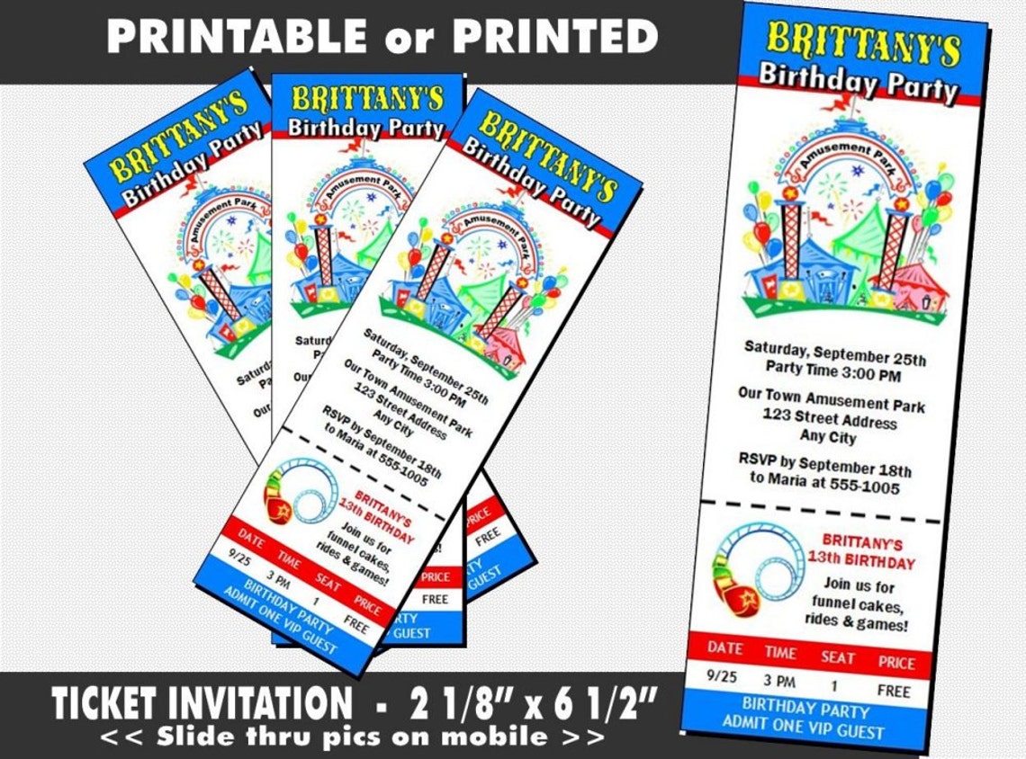 Amusement Park Ticket Invitations, Printable With Printed Option ...