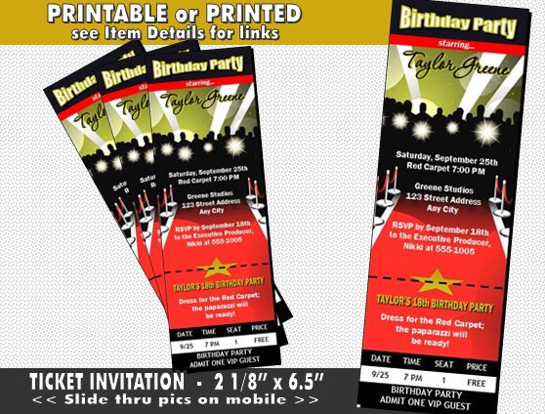 Red Carpet Paparazzi Ticket Invitation, Printable With Printed Option, Birthday Party, Hollywood ...