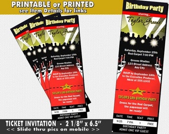 Red Carpet Paparazzi Ticket Invitation, Printable with Printed Option, Birthday Party, Hollywood Theme Party, Invites for Red Carpet Event