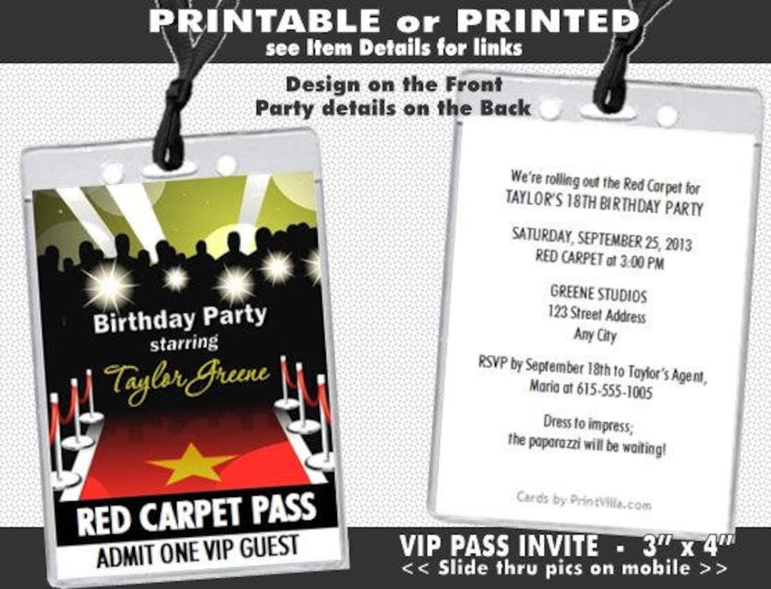Red Carpet Paparazzi VIP Pass Birthday Party Invitations, Printable, Hollywood Theme Invites ...