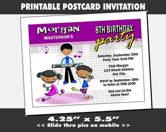 Dance Club Kids Party Invitation, Printable, Dancing Theme, Girl or Boy Birthday, Dancer Invite, Blue/Green, Red, Purple