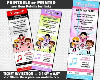 Girl Rock Band Ticket Invitation, Printable with Printed Option, Girl Birthday, Kids Music Theme Party Invites, Blue Pink, Purple Green, Red